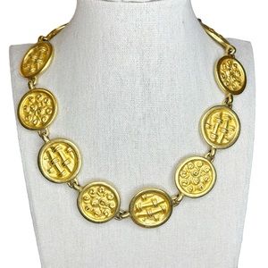 Vintage 80s Gaudy Engraved Disk Matte Gold Tone Statement Necklace Avant Garde